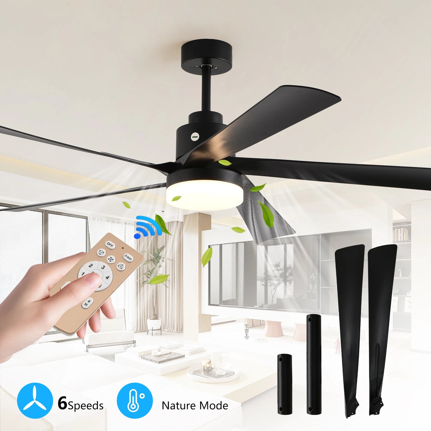 Walnut LED Ceiling Fan Light with 8 Wooden Blades, Remote Control, Dimmable & Adjustable Color Temperature