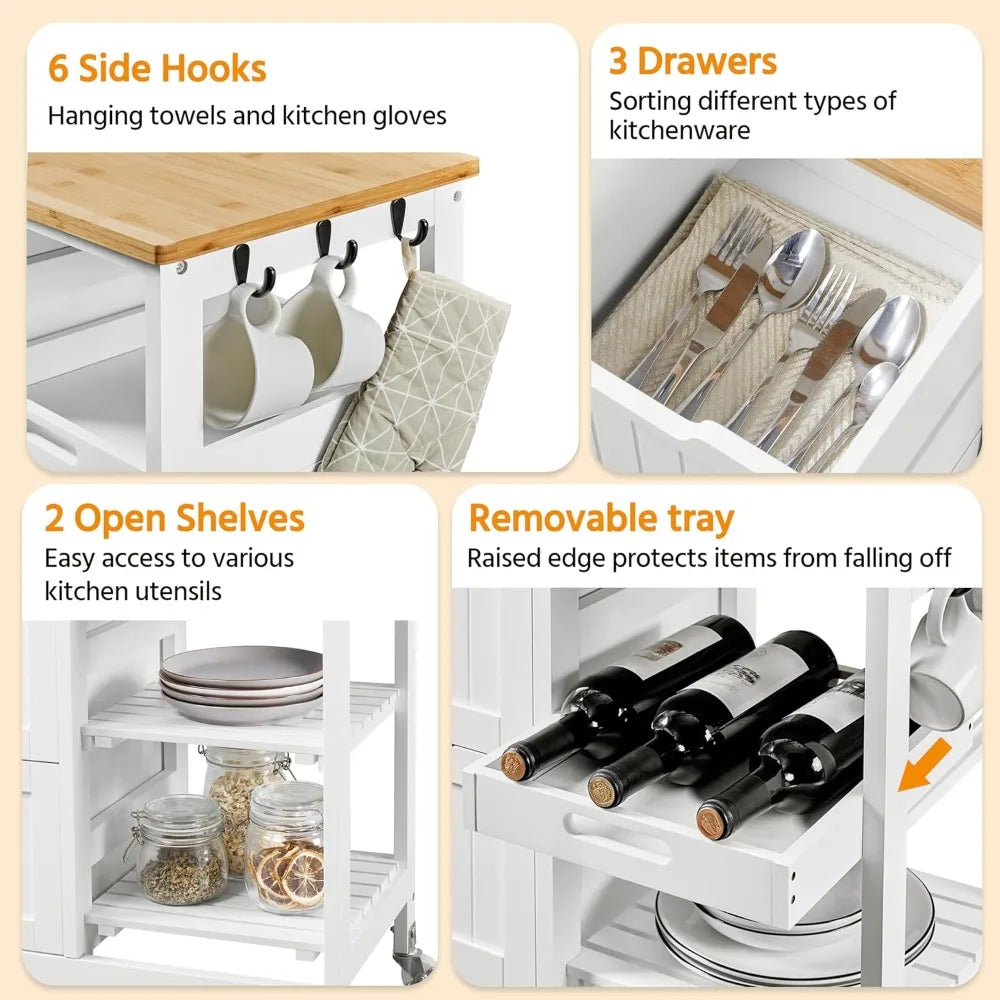 Kitchen Island Cart on Wheels, Rolling Storage Cart with Bamboo Countertop, 3 Drawers, 3 Removable Shelves & Lockable Casters