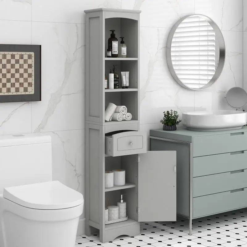 Freestanding Tall Bathroom Storage Cabinet, MDF with Drawer, Adjustable Shelf, Grey Finish