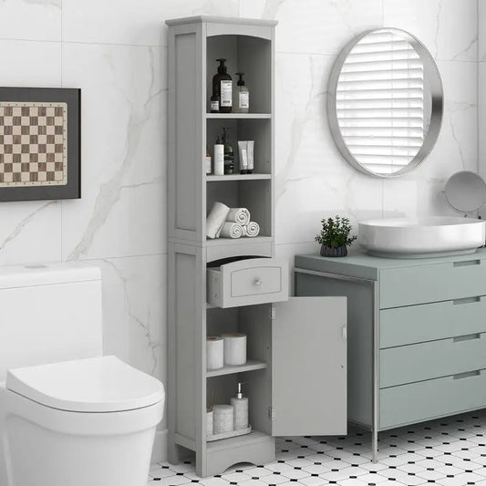 Freestanding Tall Bathroom Storage Cabinet, MDF with Drawer, Adjustable Shelf, Grey Finish