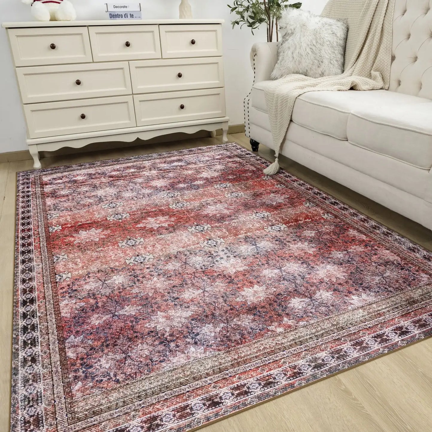 Floral Washable Rugs, Area Rug for Living Room, Soft Large Boho Bedroom Rugs, Botanical Non Slip Ultra Thin Floor Carpet