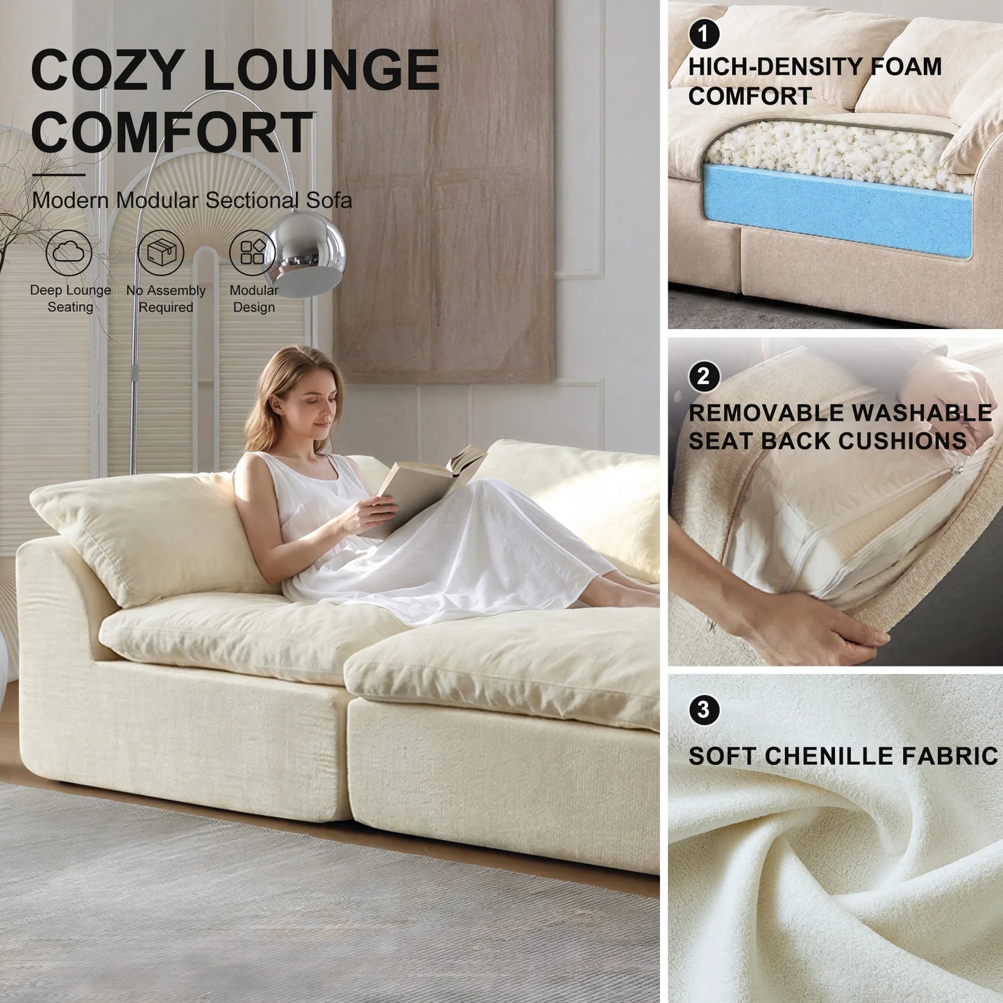 Modern Modular Sectional Sofa Cloud Couch Oversized Deep Seat Comfy Sofa for Living Room Furniture with Removable Cushions
