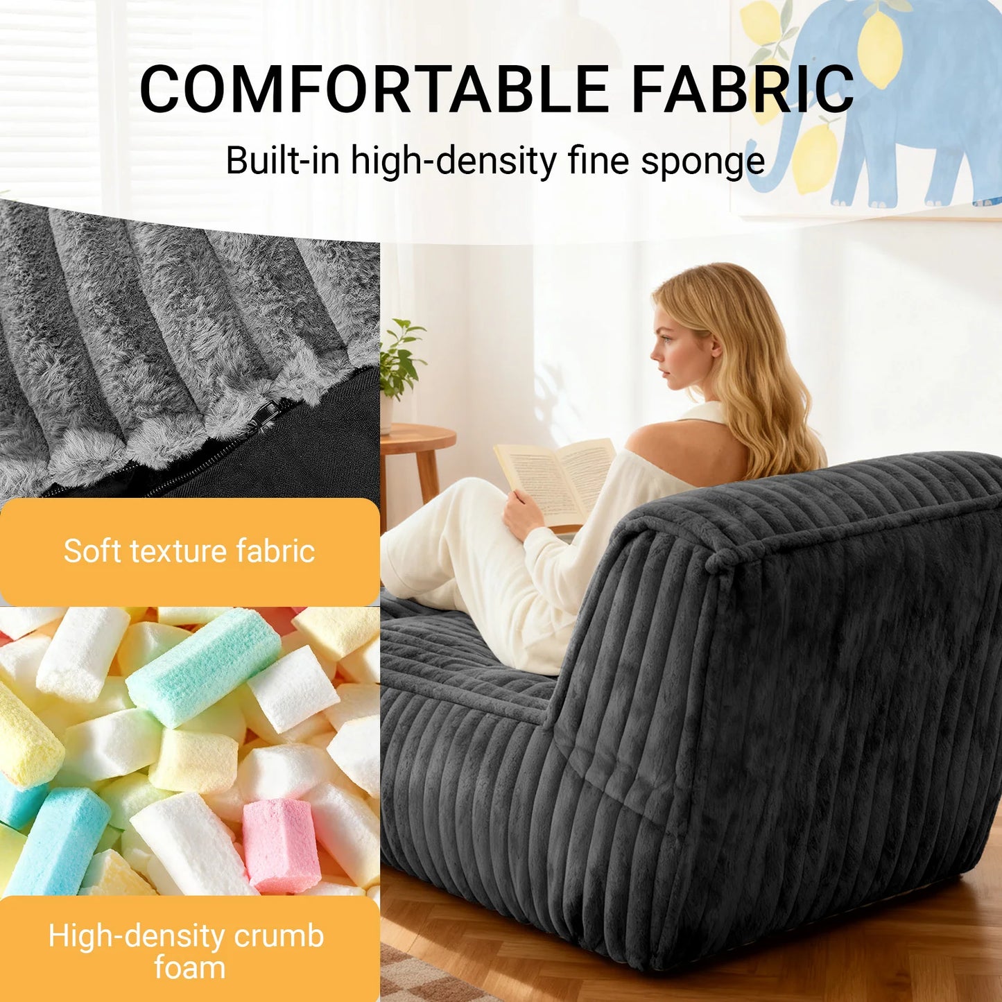 bean bag chair Bed Living Room Modern Corduroy with Back Lumbar Support Convertible Comfy Sleeper Chair for Bedroom