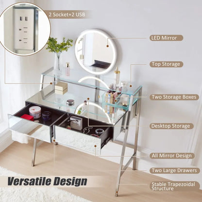33.9 Mirrored Makeup Vanity Desk with Mirror and Lights