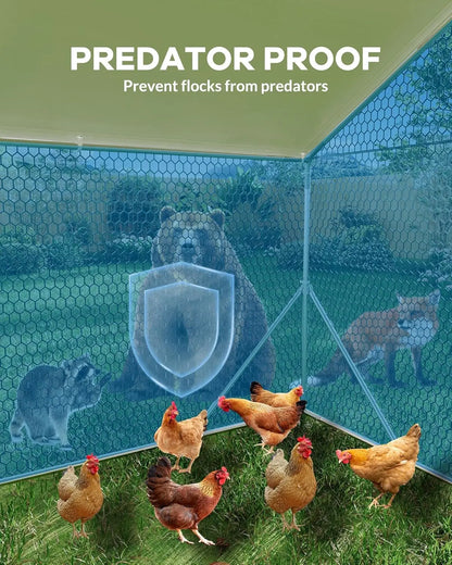 Chicken Coop Large Metal Chicken Run Walk-in Poultry Cage Pen w/ Anti-UV and Waterproof Cover for Duck Rabbits Yard Outdoor Farm