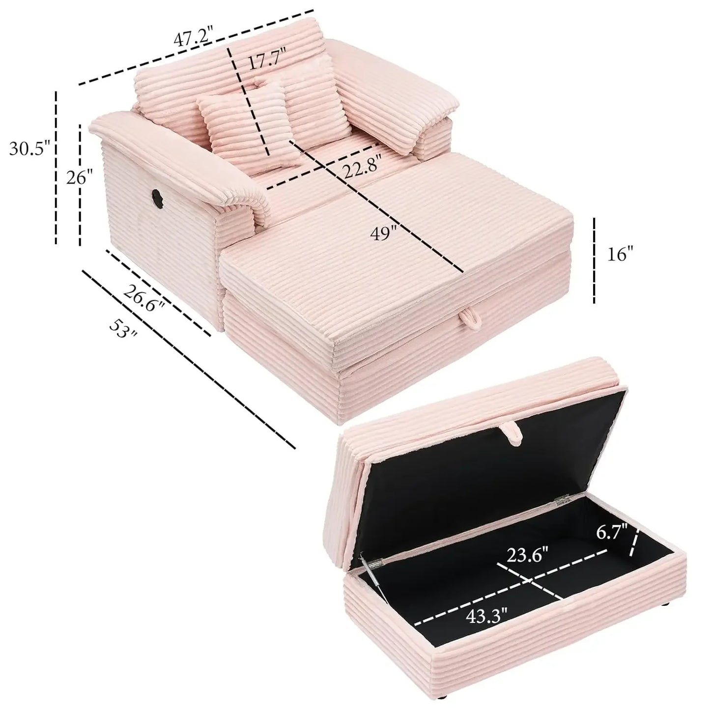 Oversized Chaise Lounge Chair Couch Indoor - Deep Seat Sofa Bed, Corduroy Sleeper Cloud with USB Charging, Customized