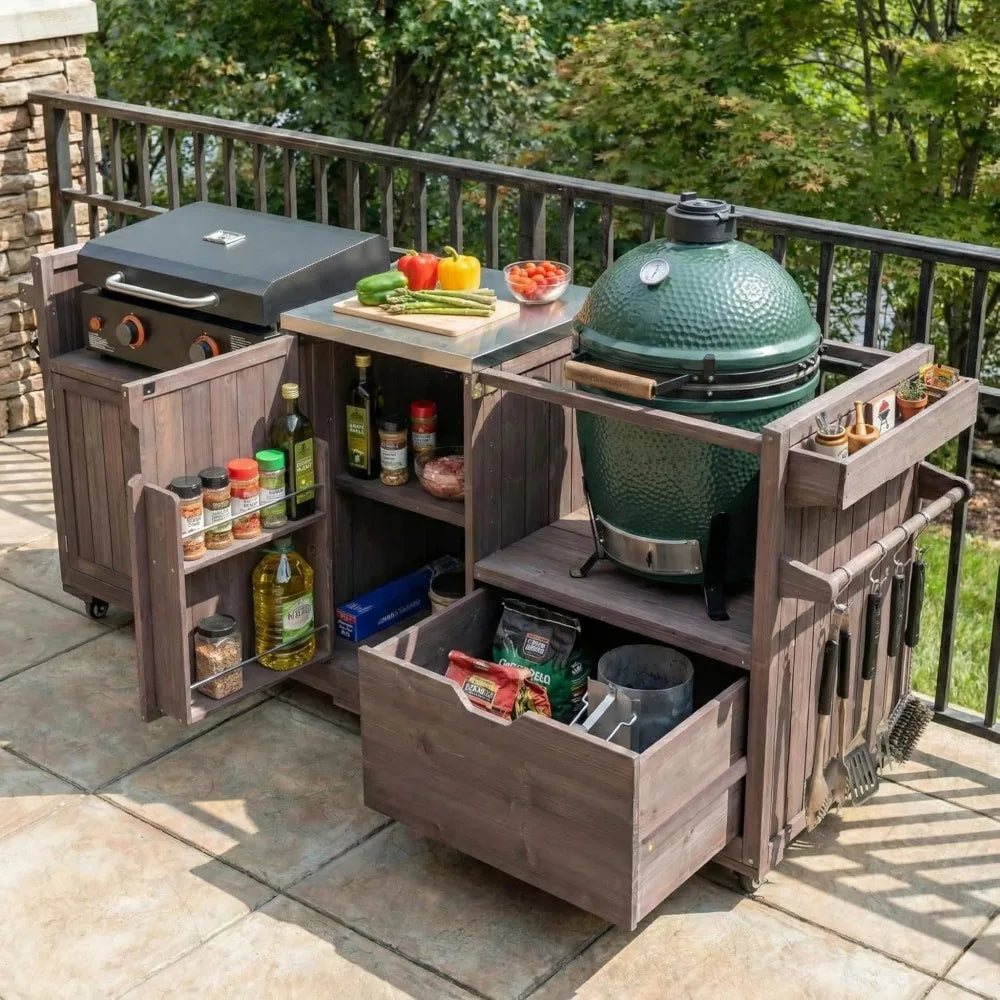 Outdoor Grill Cart 80.5" Solid Wood Kitchen Island Stainless Steel Top Rolling Cart for Griddle