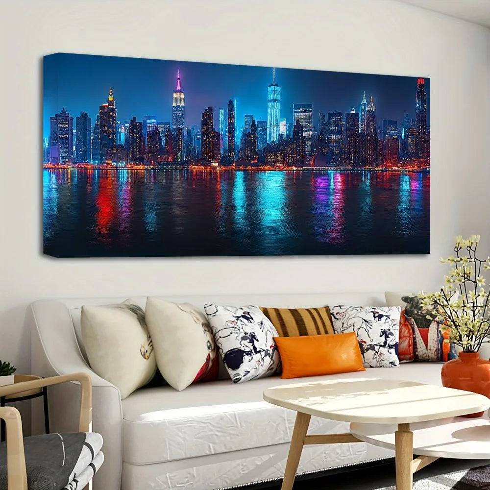 1.5 inch thick pine frame, city night view canvas poster, New York City skyline painting art, wall decor, home and dorm decor