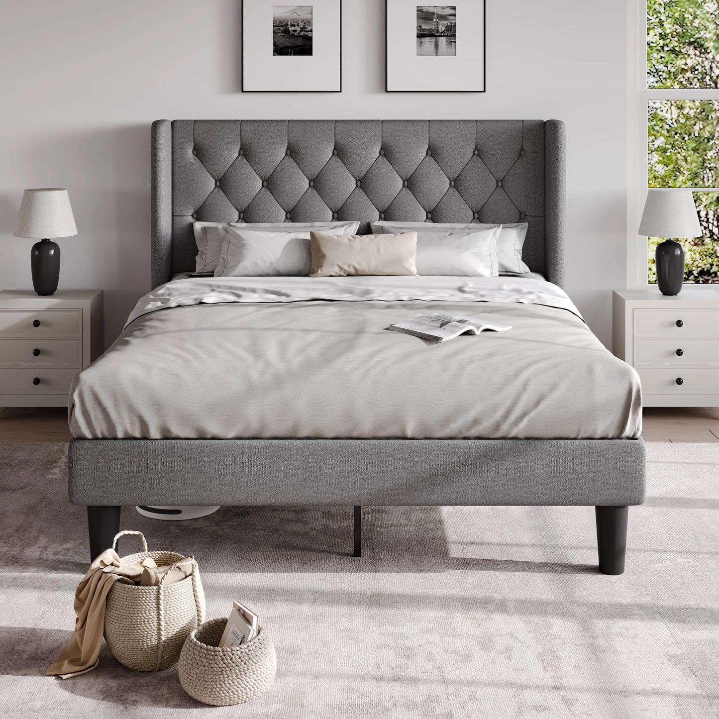 Classic Bed Frame with Button Tufted Wingback Headboard Platform Bed