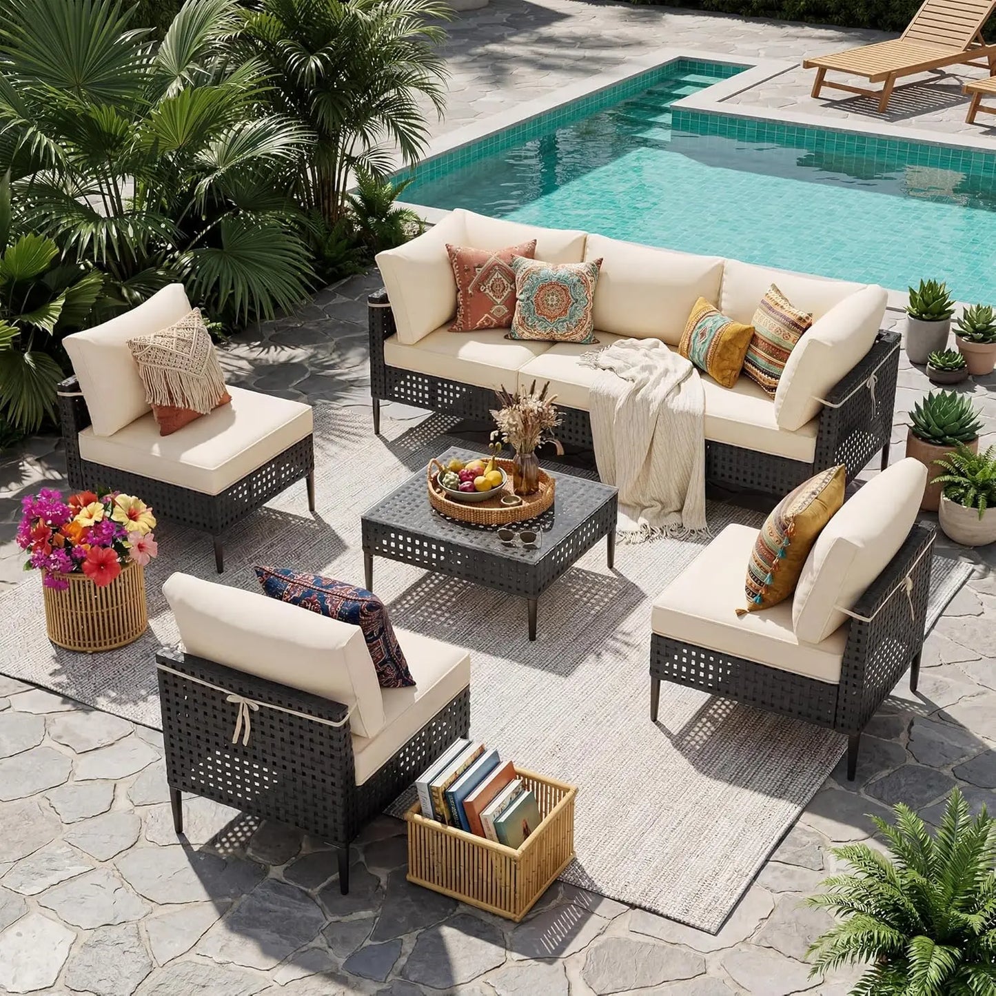 Wicker Patio Furniture Set, 7-Piece Modular Outdoor Furniture Set, High-Leg Design Sectional Patio Sofa