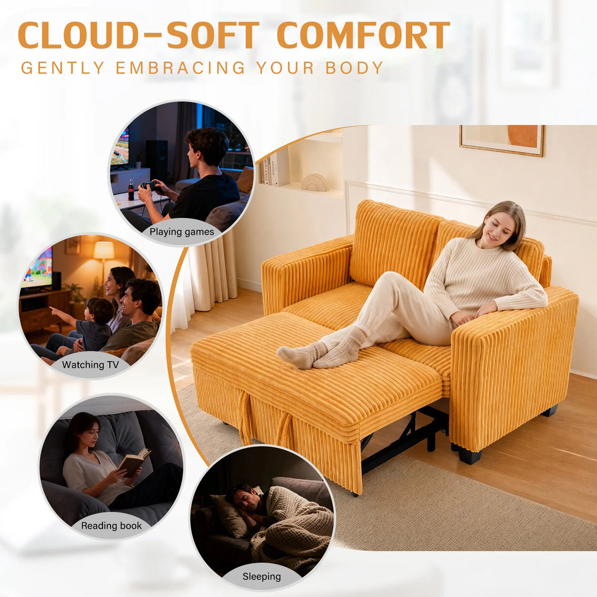 Two-seater Couple Sofa Corduroy Convertible Double Sofa Bed
