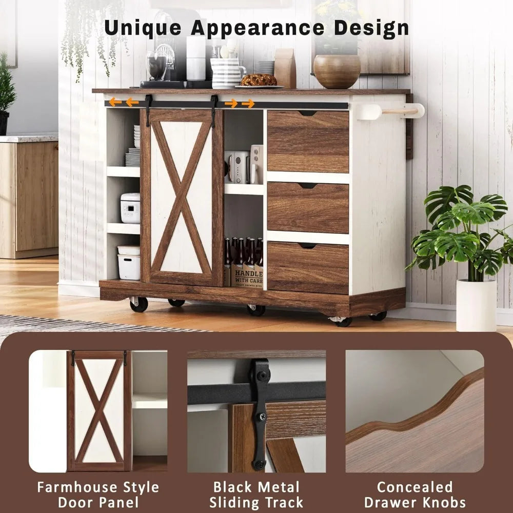 Kitchen Rolling Island with Drop Leaf, Mobile Island for Kitchen with Barn Door,for Home, Dining Room (White)