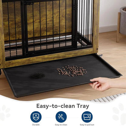 Wooden Dog Crate Furniture with 3 Doors & Wheels Heavy Duty Indoor Dog Kennel Side Table - Removable Tray, Pet House Cage Crate