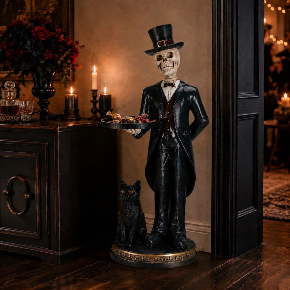 Halloween Skeleton Butler Floor Statue with Serving Tray and Black Cat for Home Entryway
