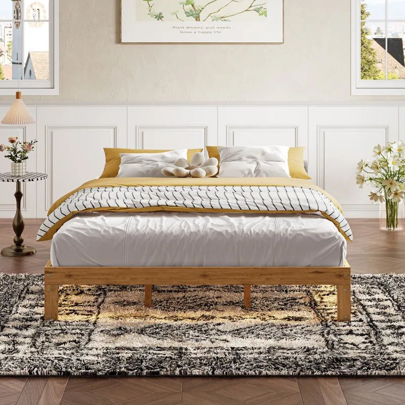 Queen Size Wood Platform Bed Frame-12 Inch Solid Wood Queen Bed Frame with Slat Support, No Box Spring Needed, Easy Assembly