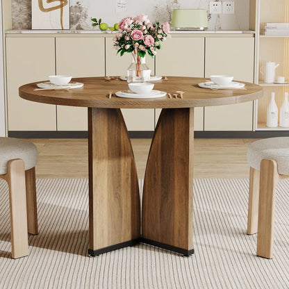 Round Dining Table for 4 People, Farmhouse Kitchen Dinner Table with Wooden Tabletop and Legs for Kitchen,Living Room
