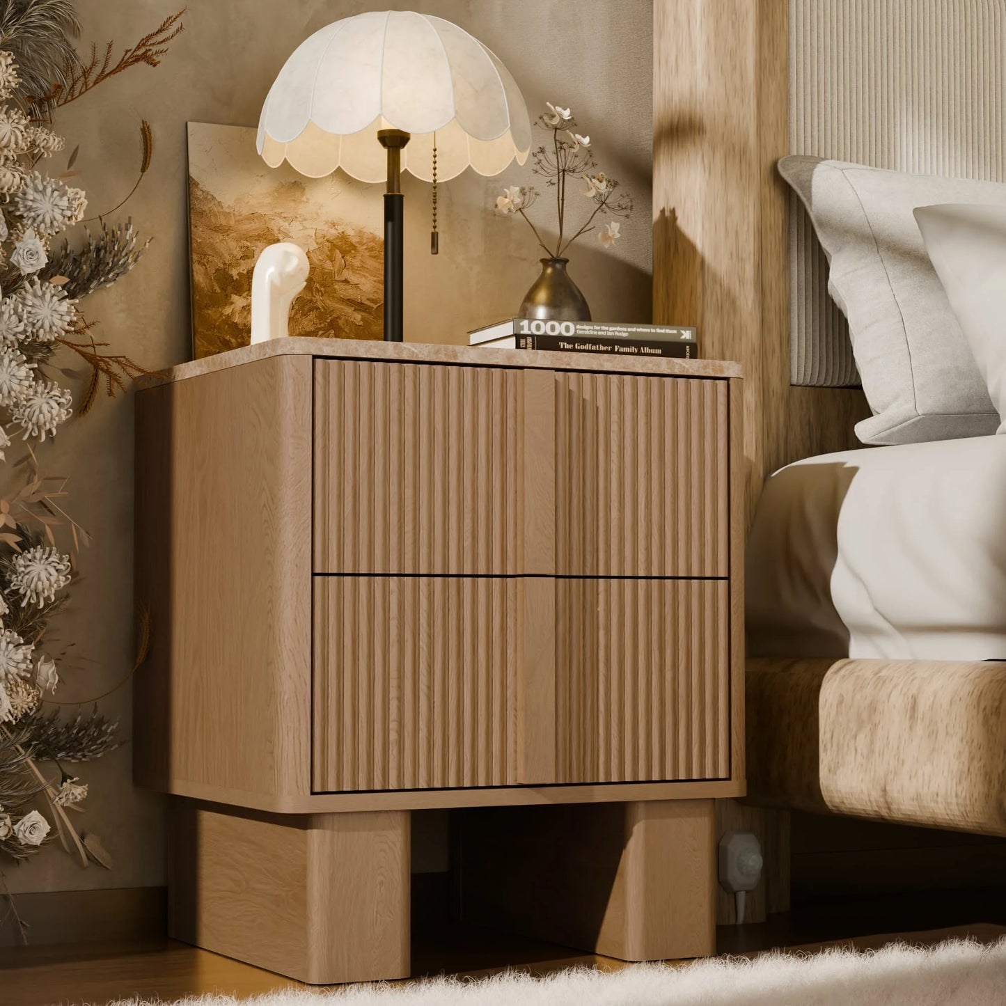 Fluted Nightstands w/ Charging, 2-Drawer End Tables w/ Reinforced Legs, Whitewashed Oak for Bedroom