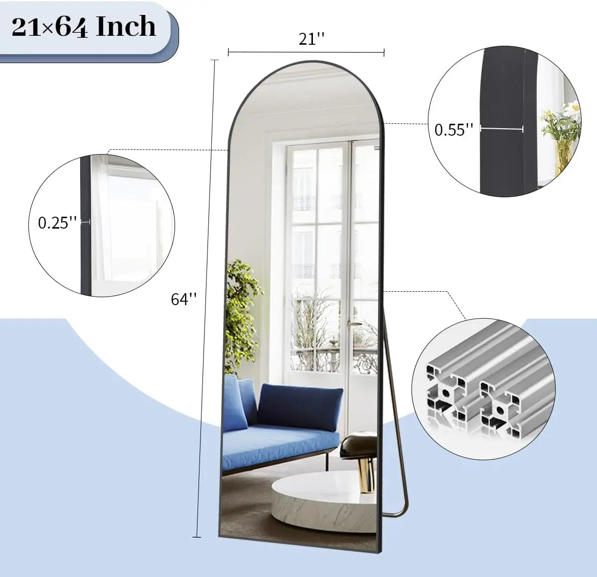 Arch Floor Mirror, Full Length Mirror Wall Mirror Hanging or Leaning Arched-Top Full Body Mirror with Stand for Bedroom