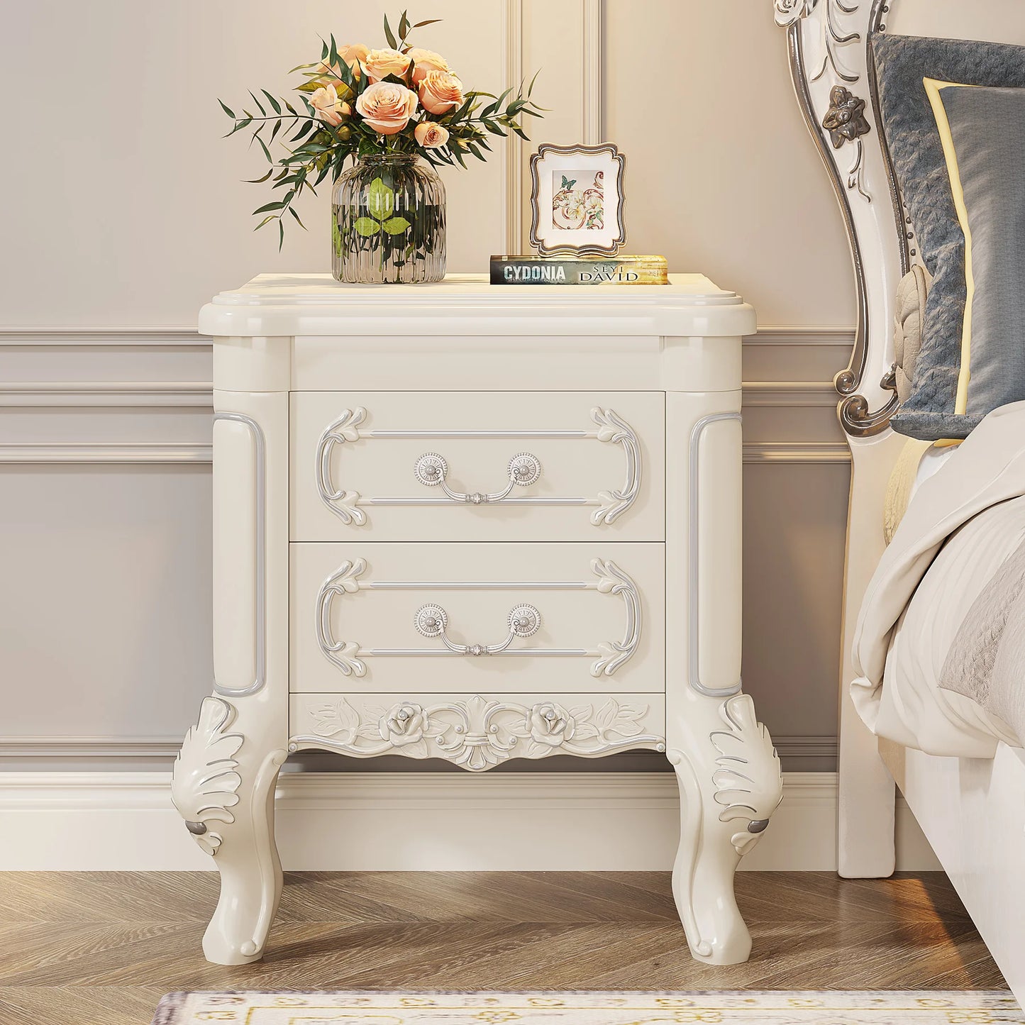 White Nightstand, End Table with 2 Drawers, Side Table