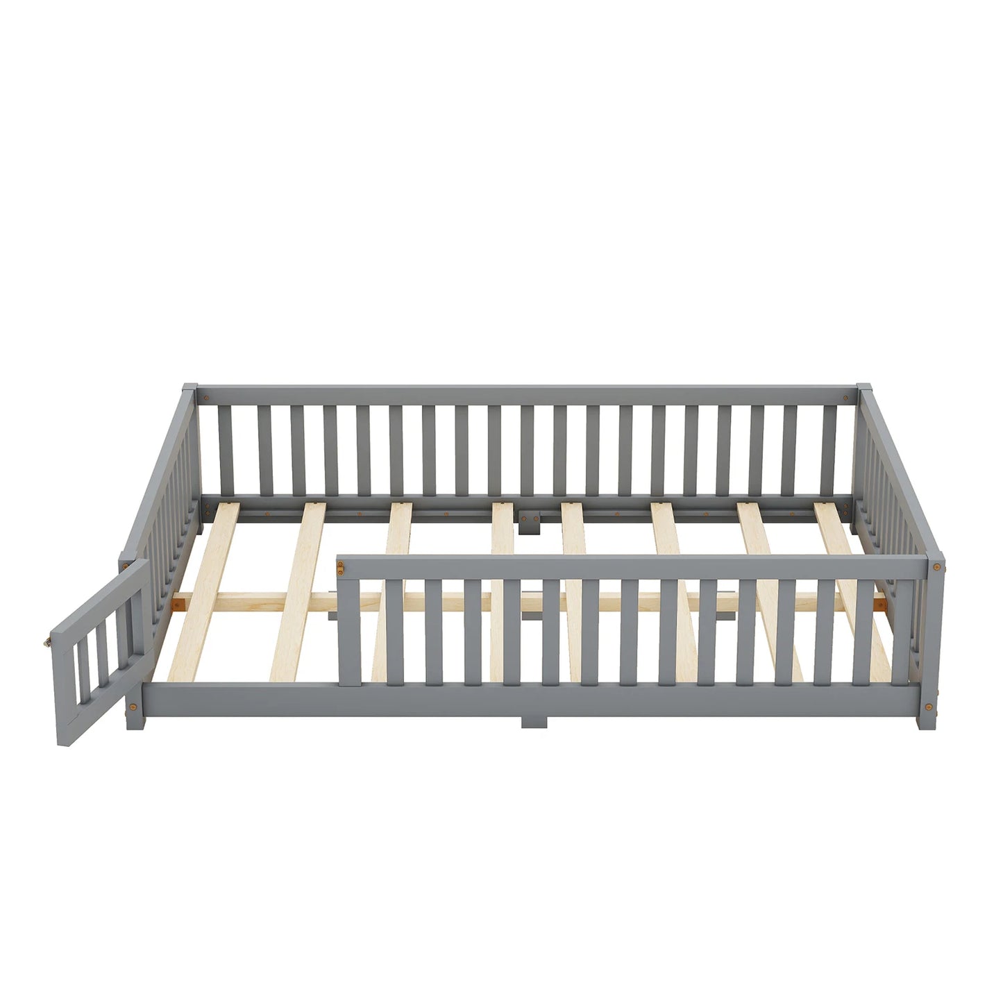 Toddler Floor Bed Frame with Safety Guardrails Doors Wood Slat Support Bed Detachable Platform Bed for Kids Bedroom Nursery