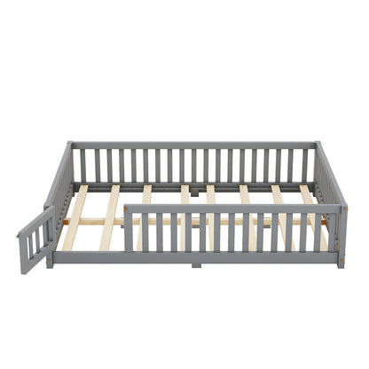 Toddler Floor Bed Frame with Safety Guardrails Doors Wood Slat Support Bed Detachable Platform Bed for Kids Bedroom Nursery