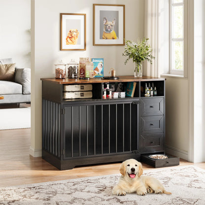 Farmhouse Wooden Dog Crate Furniture With 6 Storage Drawers Feeding Station Heavy Duty Dog Kennel End Table