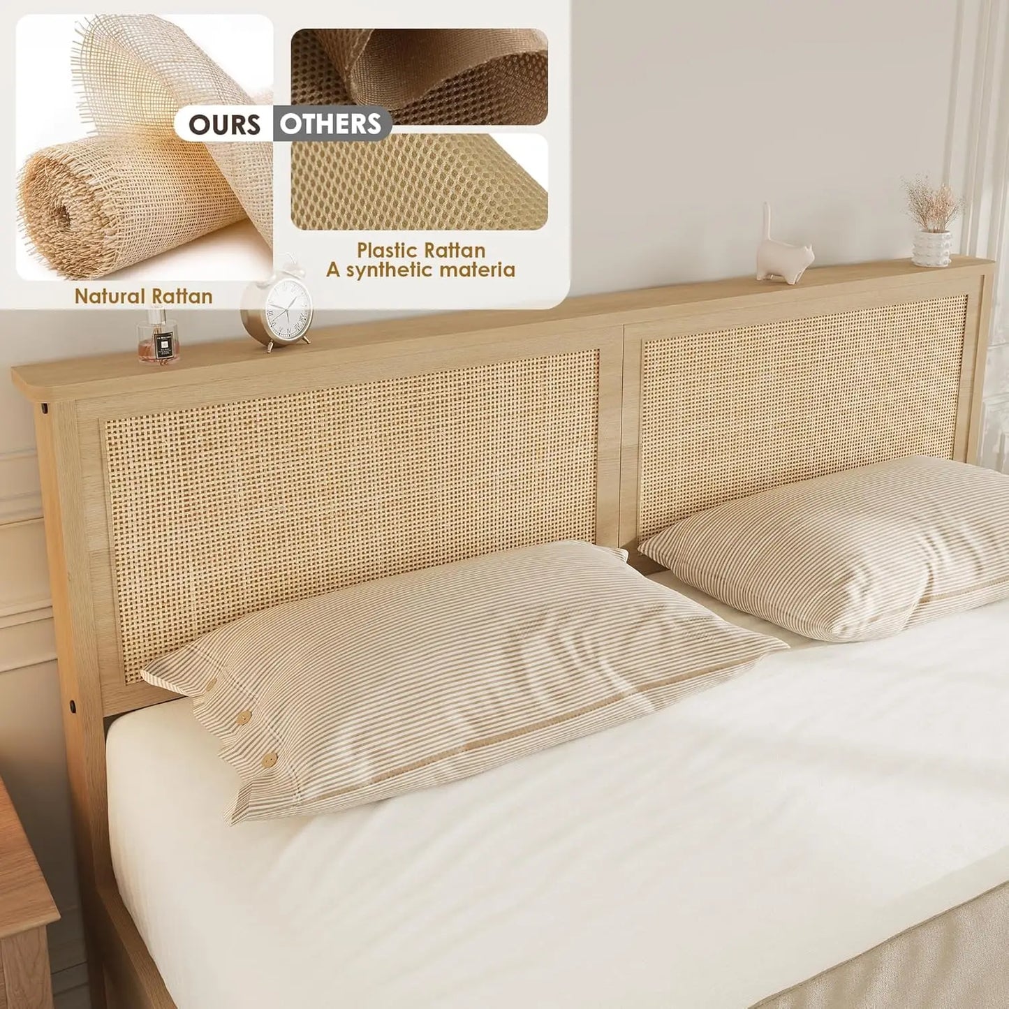 Rattan Bed Frame with Headboard, Boho Cane Platform Bed Frame with Drawer, Strong Metal Slats Support