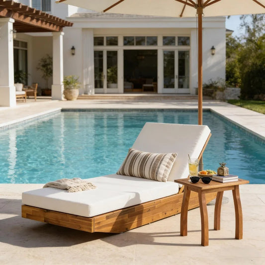 Wood Chaise Lounge with Cream Water-Repellent Cushion, 79.6" L x 29" W, 300 lbs Capacity