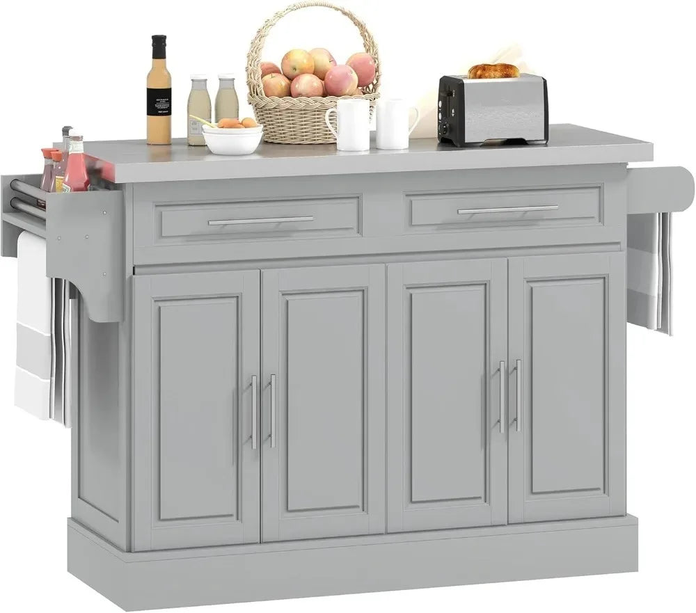 Rolling Kitchen Island Cart with Wheels, Portable Island Table for Kitchen with Stainless Steel Top, Adjustable Shelves