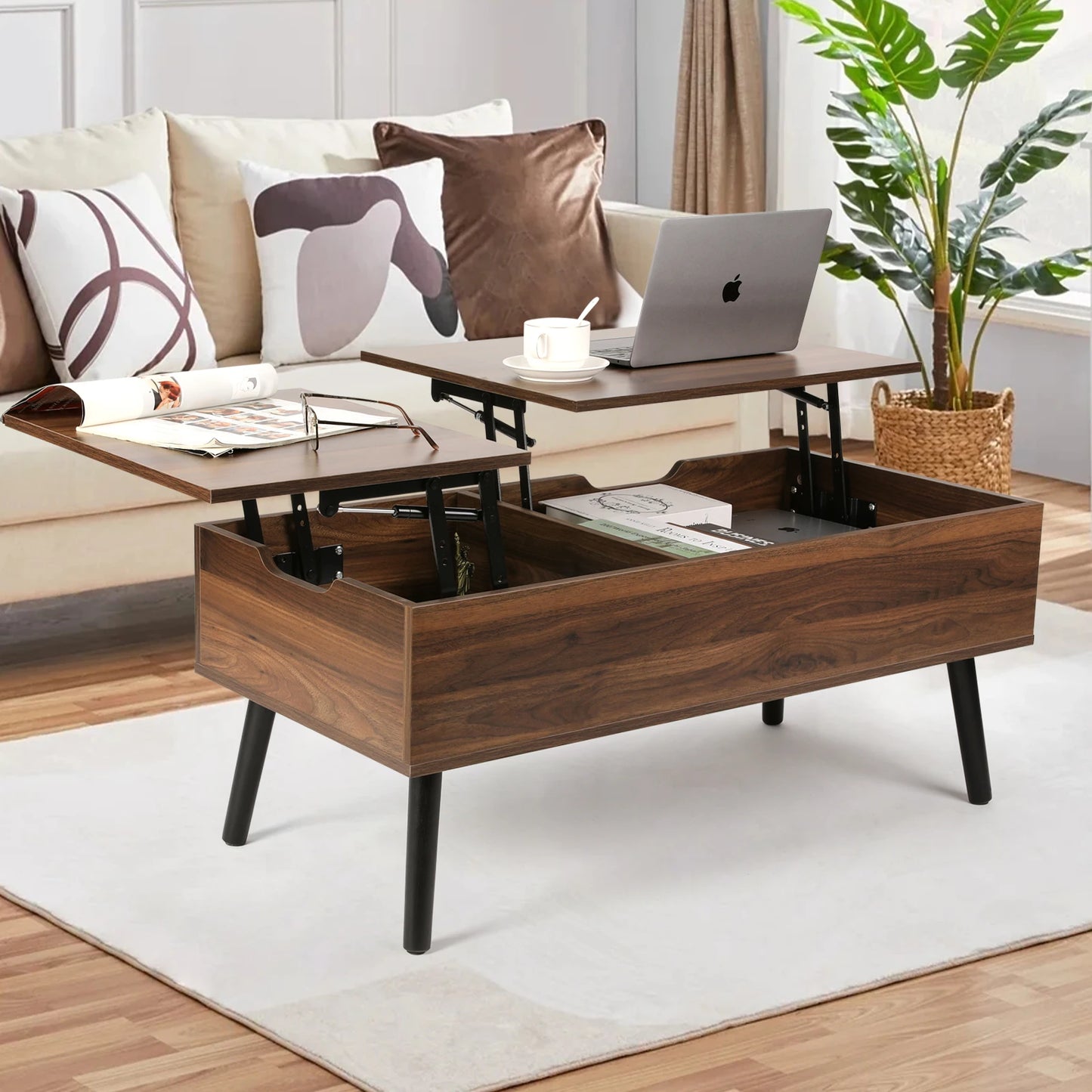 Lift Top Coffee Table with Separate and Hidden Storage Compartment, Double Lift Table Top for Home Living Room