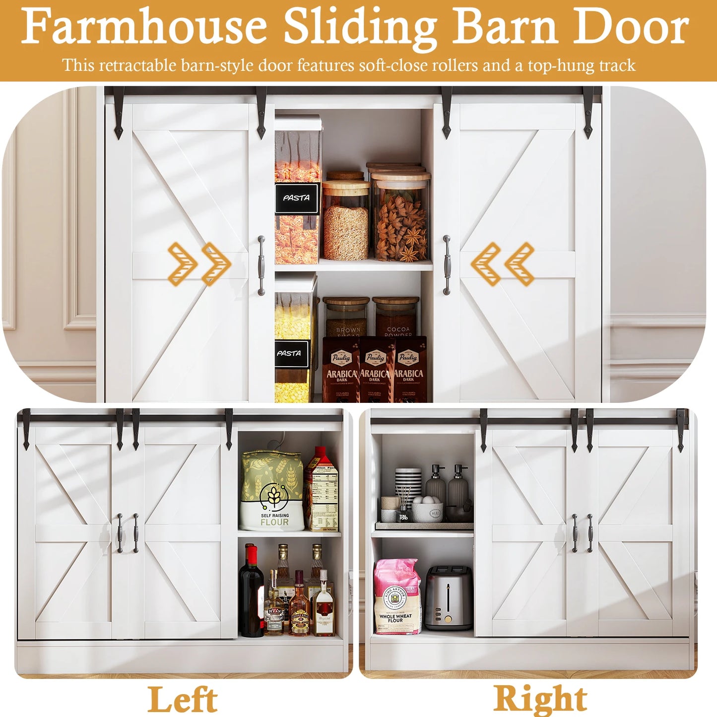 Kitchen Pantry Storage Cabinet | Tall Freestanding Hutch with Microwave Stand, Power Outlet, Buffet Cupboard & Glass Doors,