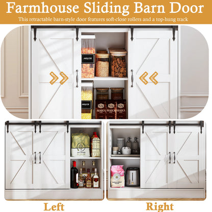 Kitchen Pantry Storage Cabinet | Tall Freestanding Hutch with Microwave Stand, Power Outlet, Buffet Cupboard & Glass Doors,