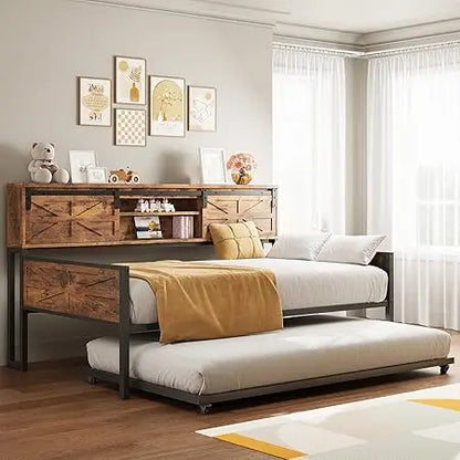 Daybed with Trundle, Rustic Bed Twin with Storage and Charging Station