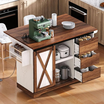 Kitchen Rolling Island with Drop Leaf, Mobile Island for Kitchen with Barn Door,for Home, Dining Room (White)