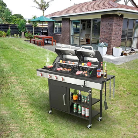 3-Burner Propane Gas BBQ combined with charcoal grill