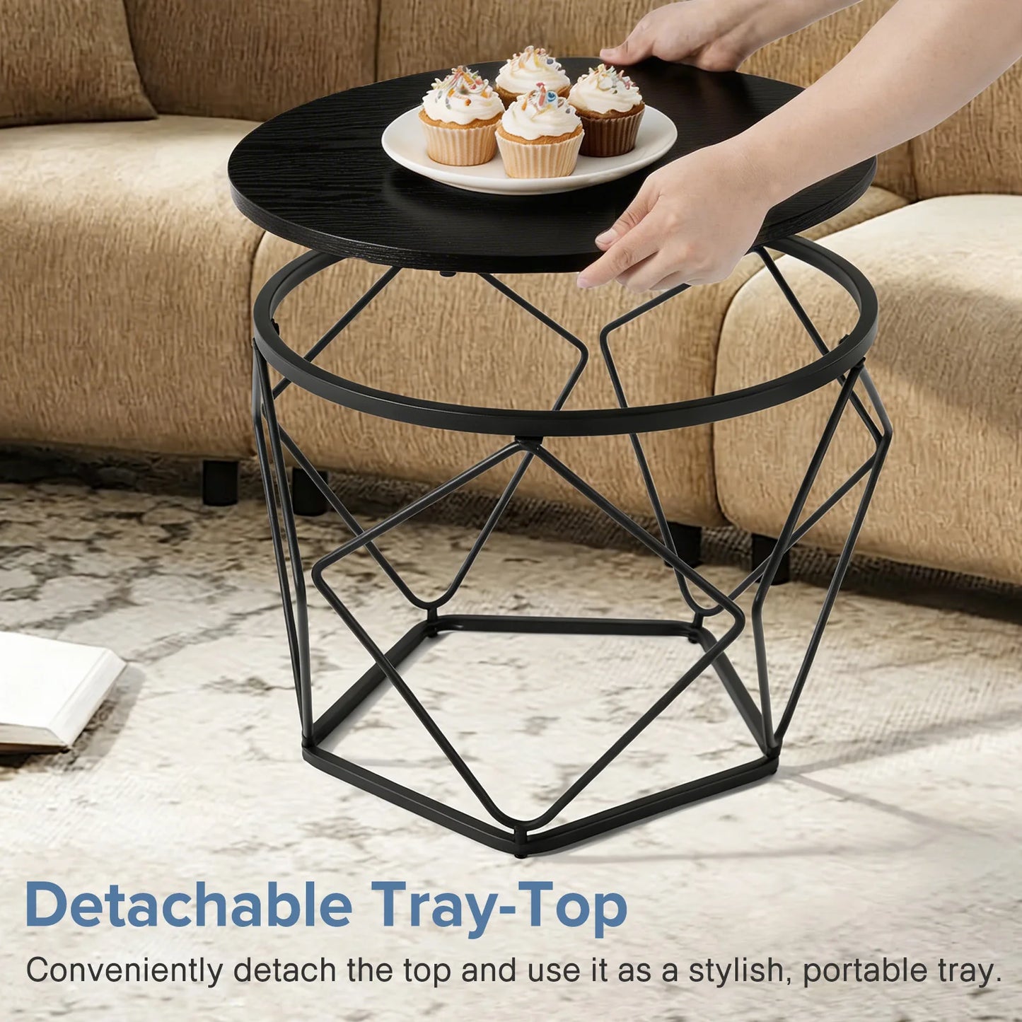 Round Geometric Coffee Table Set of 2 Movable End Tables for Living Room Nesting Side Tables with Hidden Storage