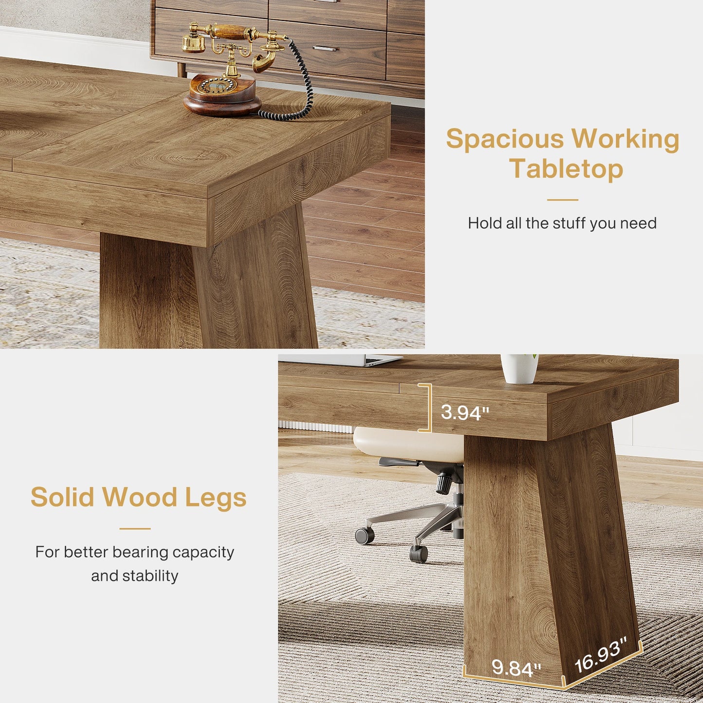 Executive Desk, Large Wood Office Computer Desk with Double Pedestal, Modern Minimalist Workstations