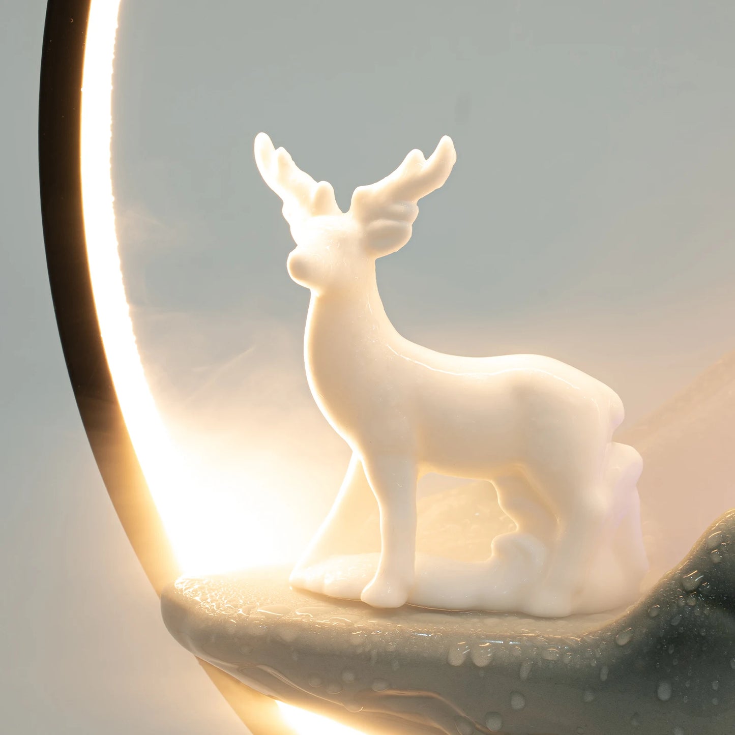 Modern LED Light Ring Waterfall Fountain, Wood & Ceramic