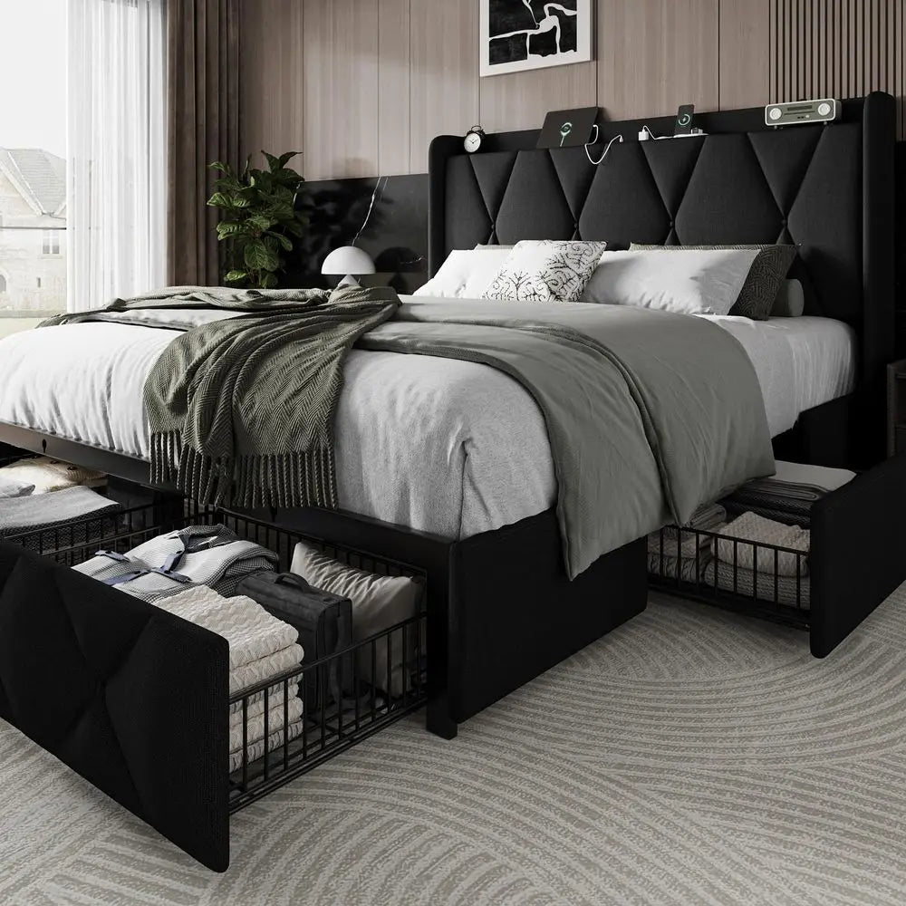 King Size Upholstered Lift Up Storage Bed, Beige Linen Look Fabric Bed Frame with Vertical Panel Headboard, Hydraulic Lift Storage