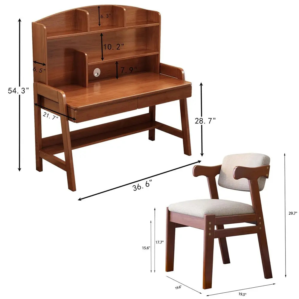 Desk and Chair Set Wooden Children's Learning Table and Chair with Hutch and Two Drawers