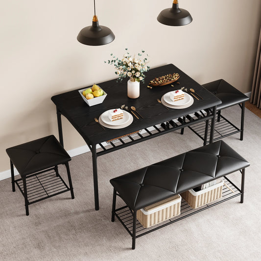Dining Table Set for 4, Kitchen Table Set with Upholstered Bench and Square Stools, Metal and Wood Dining Room Table Set