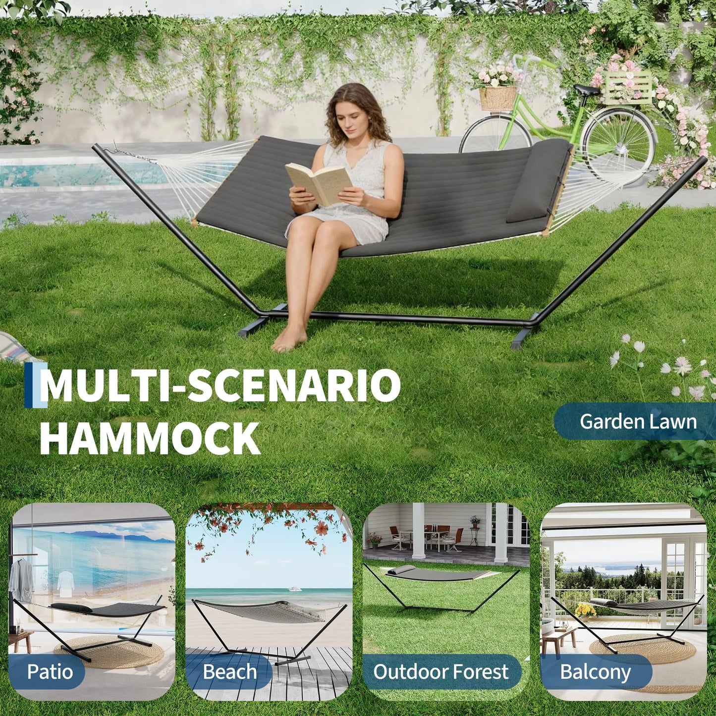 Portable Double Hammock With Stand, 2 Person Heavy Duty Hammock For Outdoor With Pillow & Adjustable Steel Stand For Garden