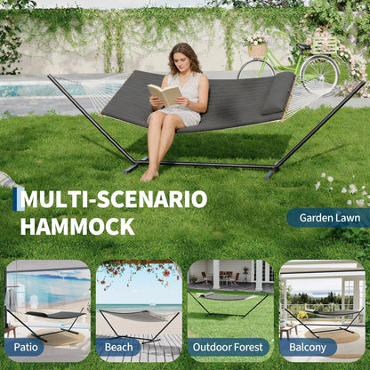 Portable Double Hammock With Stand, 2 Person Heavy Duty Hammock For Outdoor With Pillow & Adjustable Steel Stand For Garden