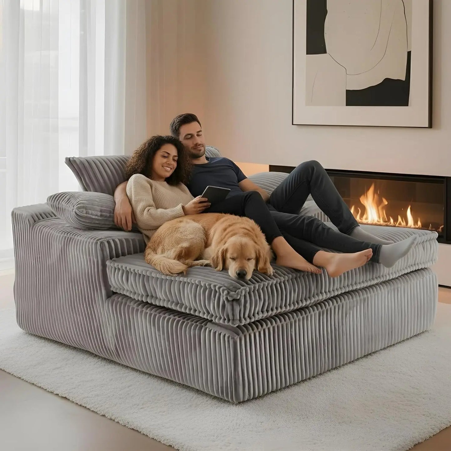 Oversized Chaise Lounge Chair Indoor, Corduroy Upholstered Deep Seat Sofa Couch, Cloud-Soft Boneless