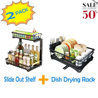 2 in Set Dish Drying Rack and Under Sink Organizer AND Pull Out Cabinet Shelf for Kitchen