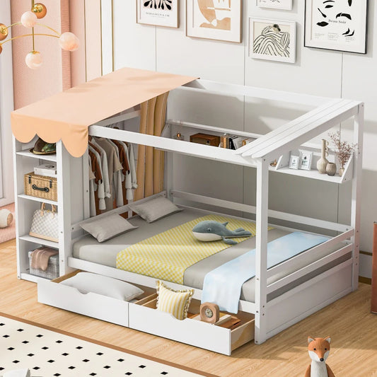 Full size House Bed with Two Drawers and Wardrobe,sturdy construction and Unique design,White/Gray /Natural.