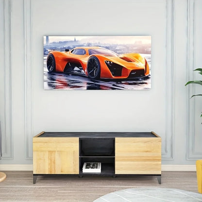 Stylish retro orange sports car, art canvas painting artwork, modern decorative poster, 1.5 inch thick pine solid wood frame