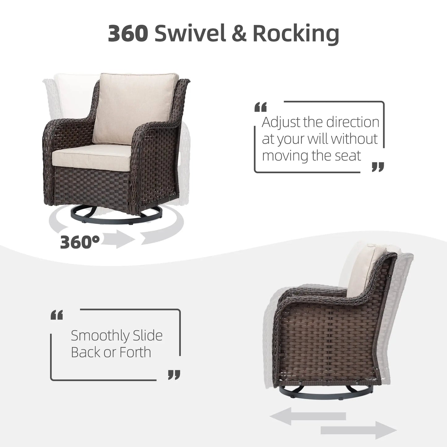 3-Piece Wicker Swivel Rocker Patio Set, 360° Swivel Rocking Chairs With Tempered Glass Side Table, Outdoor Bistro Furniture
