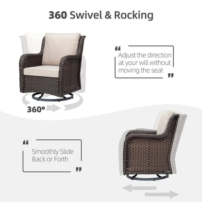 3-Piece Wicker Swivel Rocker Patio Set, 360° Swivel Rocking Chairs With Tempered Glass Side Table, Outdoor Bistro Furniture