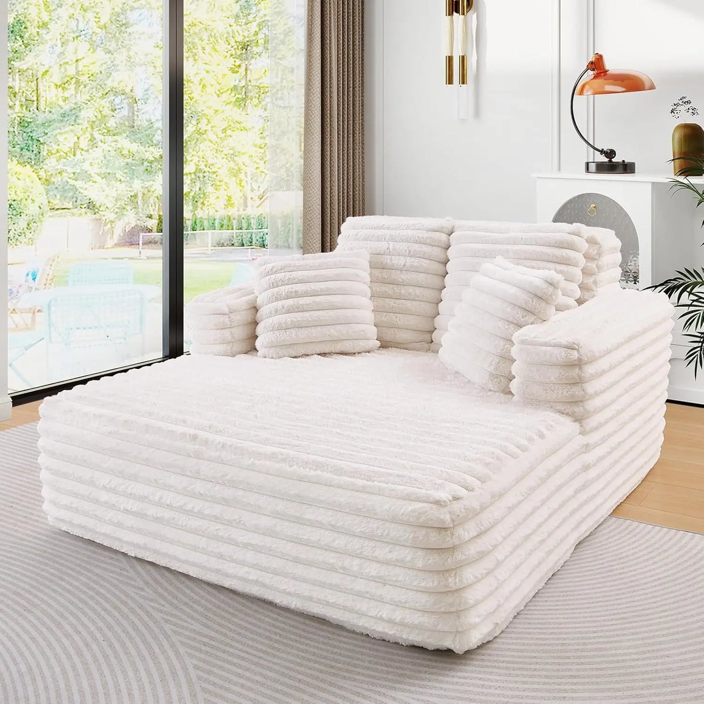 Plush Faux Fur Chaise Lounge Chair Couch Bed with Pillows And Wide Armrest Oversize Indoor Sleeper Sofa Fluffy